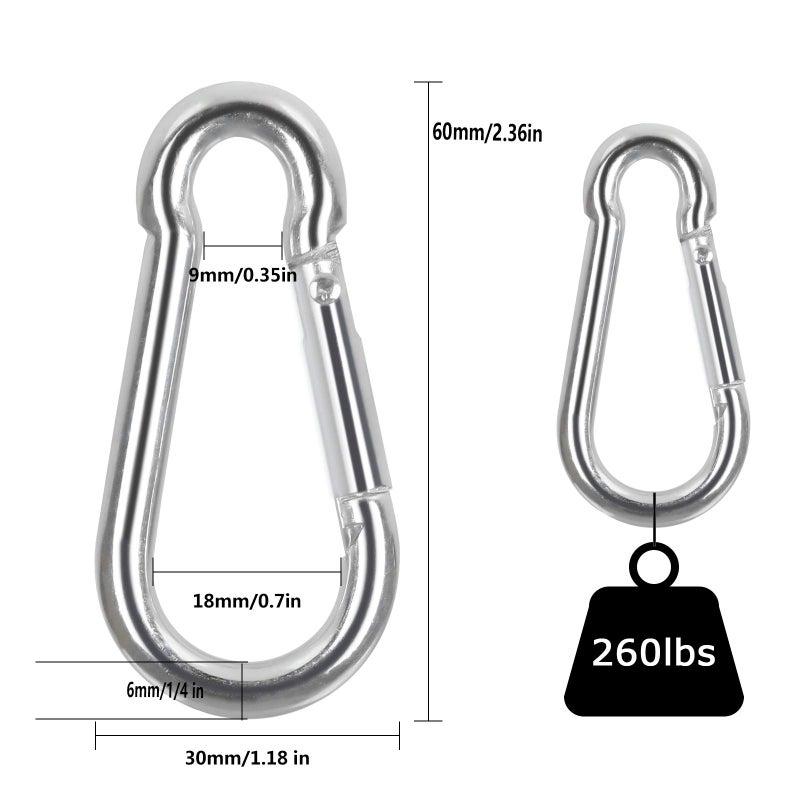 LISHINE 60Pcs Stainless Steel Carabiner Clip Spring-Snap Hook 1/4 in, M6 x 2 3/8 Inch Small Heavy Duty Carabiner Clips for Hammock, Punching Bag, Swing, Gym - Image 2